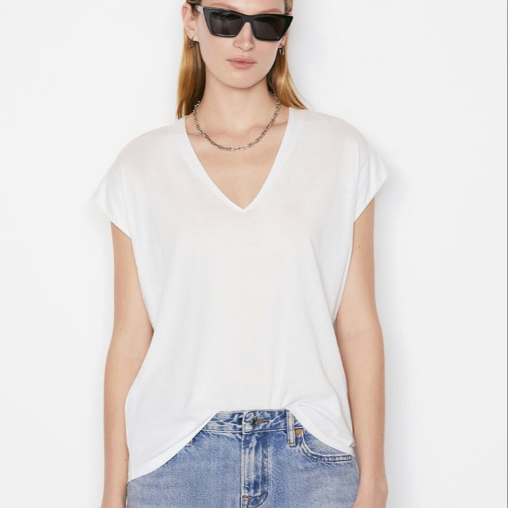 Frame le mid rose v neck tee cotton white size S